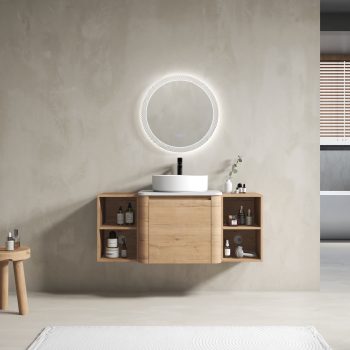 FFZ 48 inch Wall-Mounted Bathroom Vanity with Ceramic Art Sink, 2 Shelves and Soft-Close Door, Imitative Oak