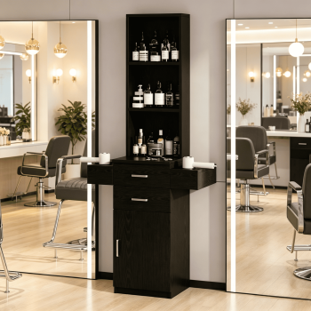 DreamCurship Salon Station, Barber Stations with 3-Tier Storage Shelf with Door, Hair Styling Storage Cabinet with 2 Drawer, 1 Large Storage Cabinet & 6 Hot Tool Holders