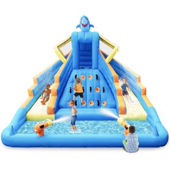 COCOFISH 13FT Shark Inflatable Water Slide for Indoor & Outdoor Use, with Dual Slides, Climbing Wall, Pool, Water Cannon and 680W Blower