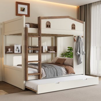 Harper & Bright Designs Full over Full Bunk Bed with Trundle and Storage Shelves, Solid Wood Bunk Bed Frame with Stairs and Hooks, Beige+Natural