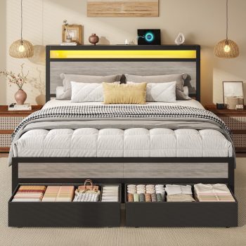 Bed Frame with 2 Drawers, Headboard & Footboard, Bed Frame with Built-in Charging Station & LED Light, Storage Shelf, Noise-Free, No Box Spring Needed, Easy Assembly