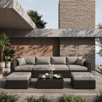 7-Piece Patio Furniture Set, PE Rattan Outdoor Couch with Cushions and Glass Coffee Table, Wicker Sofa Set for Backyard, Porch, Garden, Balcony - Gray