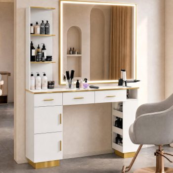 Advwin Barber Salon Station with Display Shelf, Freestanding Hair Stylist Station with Storage, 3 Drawers, 2 Cabinets, Open Shelves & Tool Holders, Salon Furniture for Beauty Salon & Spa