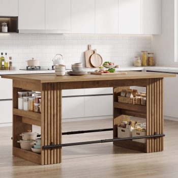 Fnova 63" Kitchen Island with Storage, Farmhouse Stationary Kitchen Island Table with Large Worktop, Side Storage Shelf, Breakfast Bar & Coffee Station for Kitchen, Dining Room, Rustic Brown