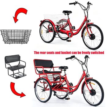Trikora Electric Tricycle with Passenger Seat, 24 Inch Adults Electric Tricycle, Peak 700W 36V 13Ah 2 Seater Electric Trike 3 Wheel Ebike