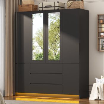 ChVans 75" Tall 4 Doors Armoire Wardrobe Closet with 3 Drawers and Mirror, Large Wardrobe Closet for Bedroom with LED Lights, Wooden Armoire Storage Cabinet with Hanging Rod