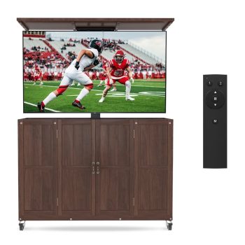 Avocahom Outdoor Motorized TV Lift Cabinet On Wheels, Walnut Solid Wood, Fits 32-65" TVs, Weatherproof Rolling Patio TV Stand