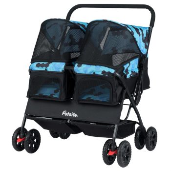 Pefilos Foldable Double Pet Stroller, Adjustable Sunshade & Storage Basket, Rustproof Aluminum Frame, (Blue)