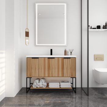 Bathroom Vanity with Resin Single Basin, 48 Inch Freestanding Plywood Vanity Cabinet with Soft Closing Doors and Drawers, Metal Handles and Shelf, Maple Finish for Bathroom Storage