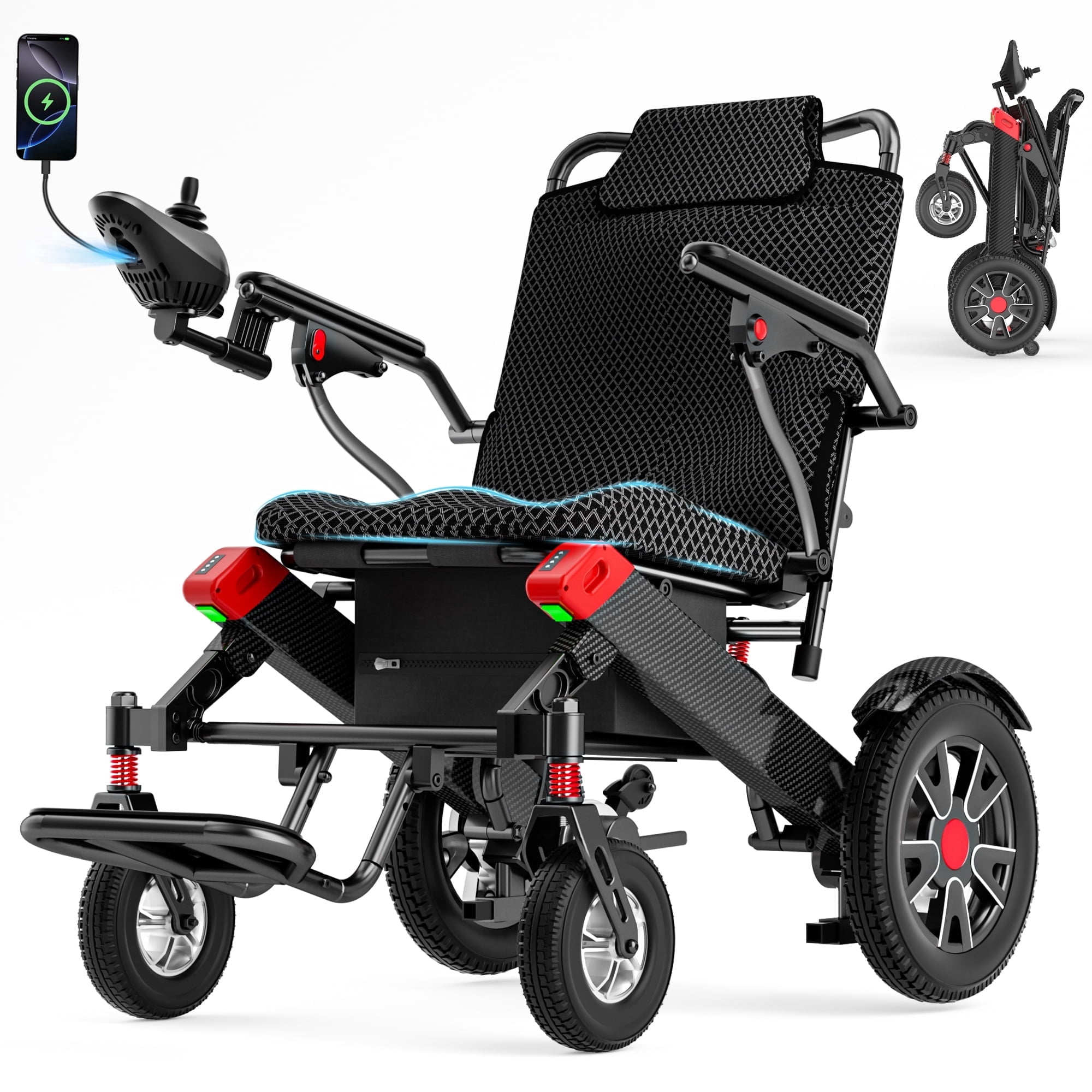 Biqissi Electric Wheelchair for Adults, 20.3" Wider Seat, Pneumatic Tire, All Terrain Motorized Wheelchair for Outdoor, Airline Approval, Red, 12MI