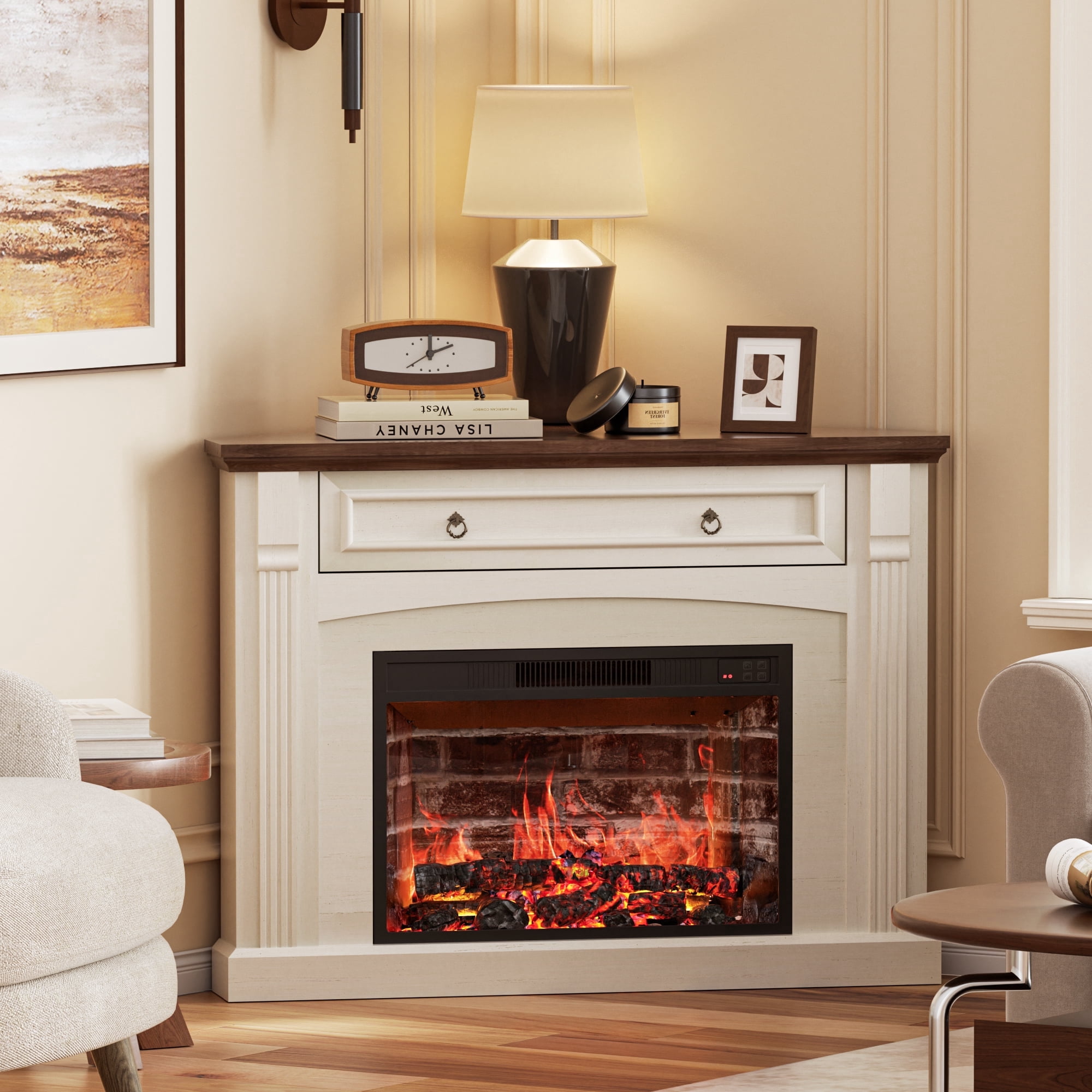 HARIPUL Corner TV Stand with Electric Fireplace, Remote Control, Adjustable Brightness and Realistic Flame