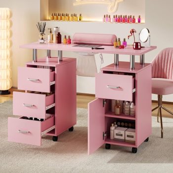 TROPOW Manicure Table with Electric Dust Collector,42" Nail Table Beauty Salon Station with Lockable Wheels, Arm Rest,4 Storage Drawers,Acetone Resistant Top and Storage Cabinet