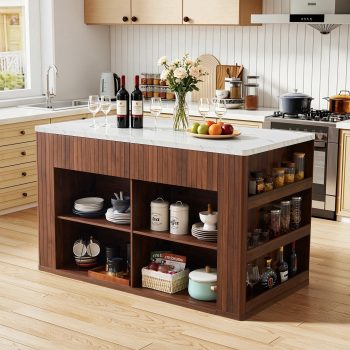 59" Kitchen Islands with Storage and Seating Design, Modern Island Table with 2 Drawer and Open Adjustable Shelves, Marble Veining Design