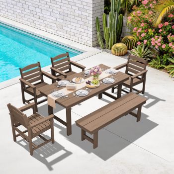 LOYALICE 6 Pieces Patio Furniture Set, HDPE Outdoor Dining Table Set with 1 Bench, 4 Chairs, Durable and Weather-Resistant for Patio, Garden and Balcony Use