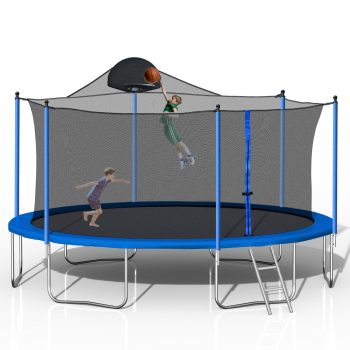 Leumius 14FT Trampoline for Kids and Adults,Outdoor Trampolines with Basketball Hoop and Ladder,Round Trampoline with Safety Enclosure Net,Blue