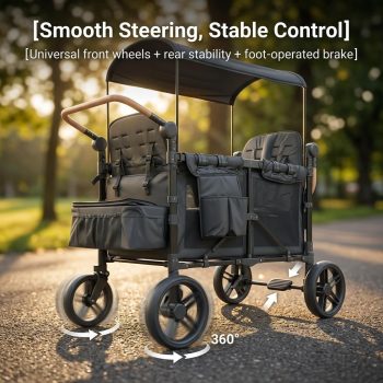 Double Layer 4-Seater Wagon Stroller with Canopy, Foldable Collapsible Kids Wagon with 5-Point Safety Harness, Adjustable Push Handle, Foot Brake, 360° Universal Wheels, Outdoor Camping Family Toddle