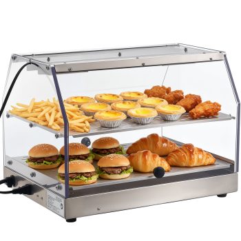 KFFKFF 2-Tier Commercial Food Warmer Display, 450W Food Display Warmer with Lighting, Removable Shelves and Dual-Sided Door Design, Adjustable Temperature Range 85~185, 48L Capacity for Burgers