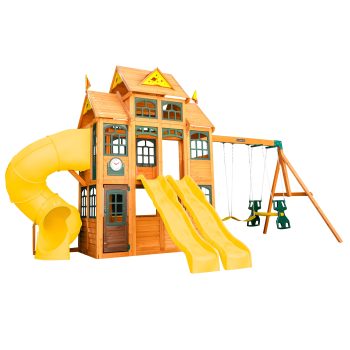 KidKraft Atlas Point Wooden Outdoor Swing Set / Playset with Kitchen, Slides and Glider