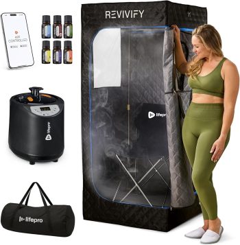 LifePro Portable Steam Tent with Chair Indoor Steam Sauna Tent with Remote, Foldable Frame, 1.2kW Generator, Mat, Phone Holder & Tray 70.87 Height - Black