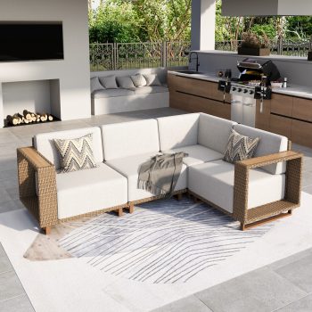 MF Studio 4 Seater L-Shaped Wicker Patio Conversation Set, Outdoor Sectional Sofa with Corner Seating, 9.8" Extra Thick Cushions, Wide 5.5" Armrests, Weather-Resistant PE Rattan, Beige