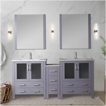 COSMOS 72 Inch Dark Grey Double Sink Bathroom Vanity with White Ceramic Top and Side Storage Cabinet