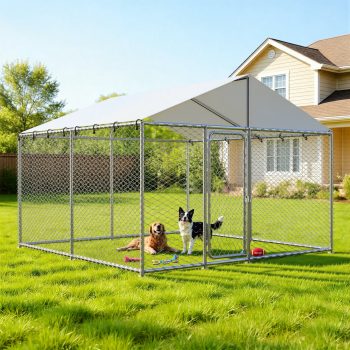Ironovahome 10'x10' Large Outdoor Dog Kennel, Heavy Duty Dog Kennel with Water & UV-Resistant Proof, Galvanized Steel Metal Dog Enclosure with Dual Safety Lock