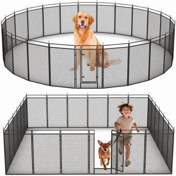 Petorldog 40" Height 14 Panels Dog Fence with Safety Mesh Including 2 Gates, Heavy Duty Metal Dog Playpen Indoor Outdoor for Yard, Camping & RV | Black-Silver