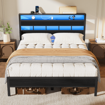 Tydimor LED Lighting Bed Frames with Headboard Storage Shelves, USB Ports Size Platform Bed Frame Steel Slats Support