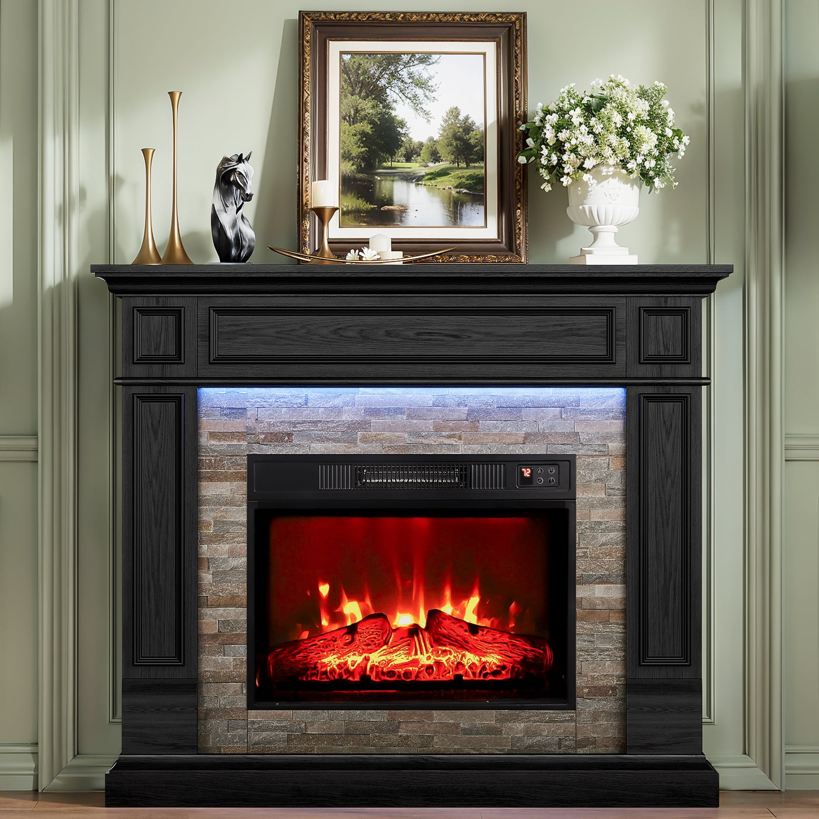 Holliwill Electric Fireplace Mantel, 44" Freestanding Fireplace Heater with LED Lights, Infrared Quartz Heater, 1400W, Black