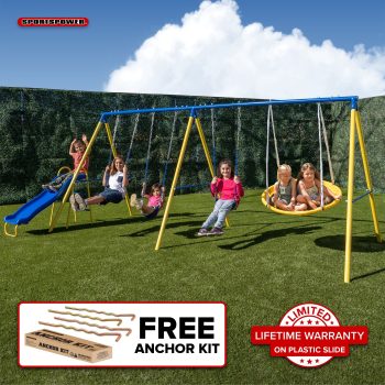 Sportspower Triple Swing & Saucer Outdoor Playset, 3 Sling Swings, Saucer Swing, 5 ft Slide, Anchor Kit, Ages 38, 7.55 x 17.06 x 6.07 FT