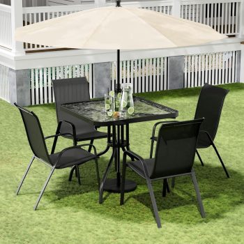 LAZY BUDDY 5 Pieces Patio Dining Set, Outdoor Patio Chairs with Square Table, Breathable Back, Glass Tabletop, Metal Frame