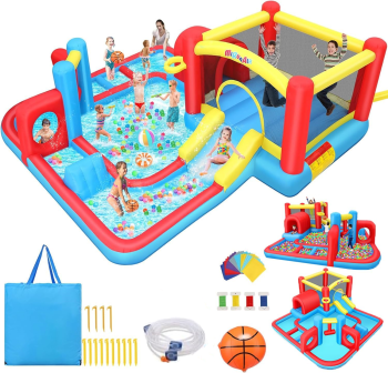 Adnoom Inflatable Water Slide with Large Splash Pool, Kids Bounce House w/Slide,Obstacles,Climbing,Basketball Hoop,Jumping Area for 3-10 Years, 172"X172"X65" Bouncy Castle(without Blower)