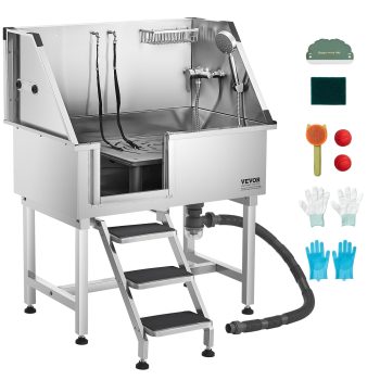 VEVOR Stainless Steel Dog Washing Station, 38 inch Pet Grooming Tub w/ Storage Stairs, Faucet & Showerhead & Soap Holder Dog Bathtub for Large & Medium & Small Pets (Left Door)