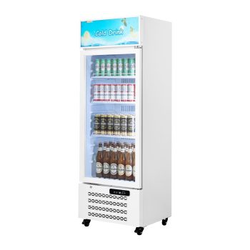KFFKFF Commercial Glass Door Refrigerator, 9.6 Cu.Ft / 273 L Upright Beverage Cooler with Adjustable Shelves, LED Lighting, and Customizable Lightbox for Home or Business Use