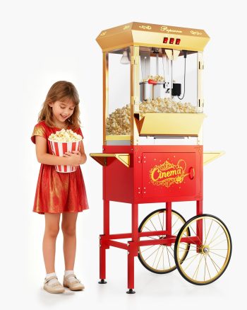 16oz Upgraded Commercial Popcorn Machine with Cart, Large Popcorn Machine Makes Up to 80 Cups, Movie Theater Pop Corn Machine with Easy-Rolling wheels & Stainless-Steel Kettle, &Gold
