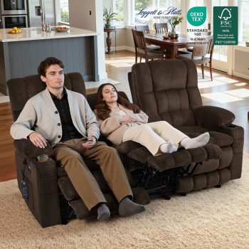 MCombo 80.7" 3 Seater Power Reclining Sofa Couch with Heat Vibration Massage for Living Room, Fabric, Brown