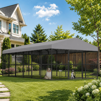 Jocisland 10x20x6.5 ft Large Outdoor Dog Kennel, Flexible 2 Door Design & Waterproof Roof, Heavy Duty Steel Frame Pet Cage with Reinforced Mesh