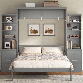 Euroco Wood Size Murphy Bed with Storage Shelves, Convertible Wall Bed with Drawers