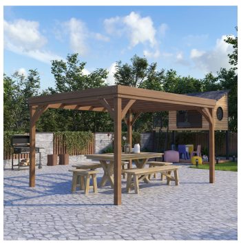 10x12 Outdoor Pergola, Wooden Grape Arbor Gazebo Kit - Brown Patio Deck Pergola with Concrete Anchors