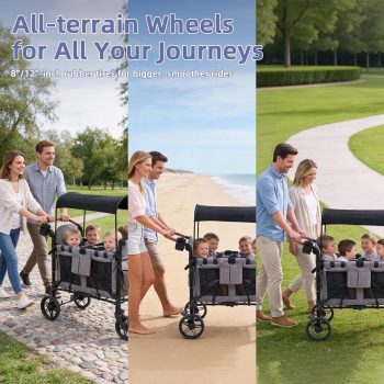 4-Seater Wagon Stroller for Kids, Linor All-Terrain Folding Wagon with Adjustable Push Handles, Removable Canopy, Snack Tray, Large Storage Bag & Phone Holder