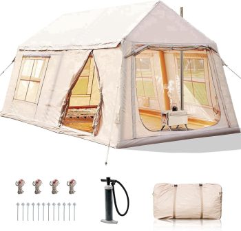 Lilypelle 8-10 Person Blow Up Inflatable Tent, 2 Room Hot Tent with Stove Jack & AC Port, Large Camping Tent with Hand Pump, Waterproof Inflatable House for Family Glamping