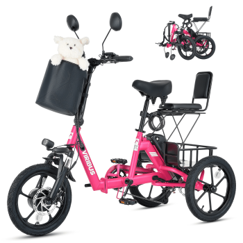 VIRIBUS Folding Electric Tricycle with 2 Seats, 350W 16 in. Foldable Electric Tricycle with Differential Lock UL Certified 48V 10.4Ah Battery, Single-Speed 3 Wheel Electric Bike for Adults Pink