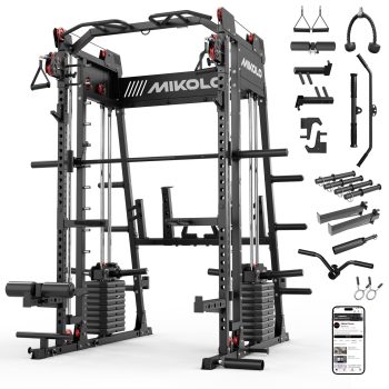 Mikolo M11 Elite Smith Machine Home Gym,2200 lbs Power Rack Cage with Dual 130LBS Weight Stacks, Functional Trainer, 18PCS Aluminum Pulleys and Other Attachments for Home Gym