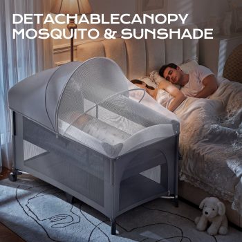 Babyomi 4 in 1 Pack and Play Baby Bassinet with Diaper Changer, Long Next to Bed Crib with Mattress,Height Adjustable,Bedside Crib Sleeper
