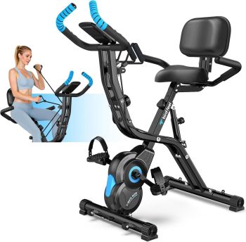 LNOW Folding Magnetic Exercise Bike with Massage Backrest Foldable Fitness Indoor Cycling X Bikes Upright Stationary Bicycle 300lb