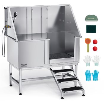 VEVOR Stainless Steel Dog Washing Station, 50 inch Pet Grooming Tub w/ Stairs, PE Water Filter Board, Faucet & Showerhead & Soap Holder Dog Bathtub for Large & Medium & Small Pets (Right Door)