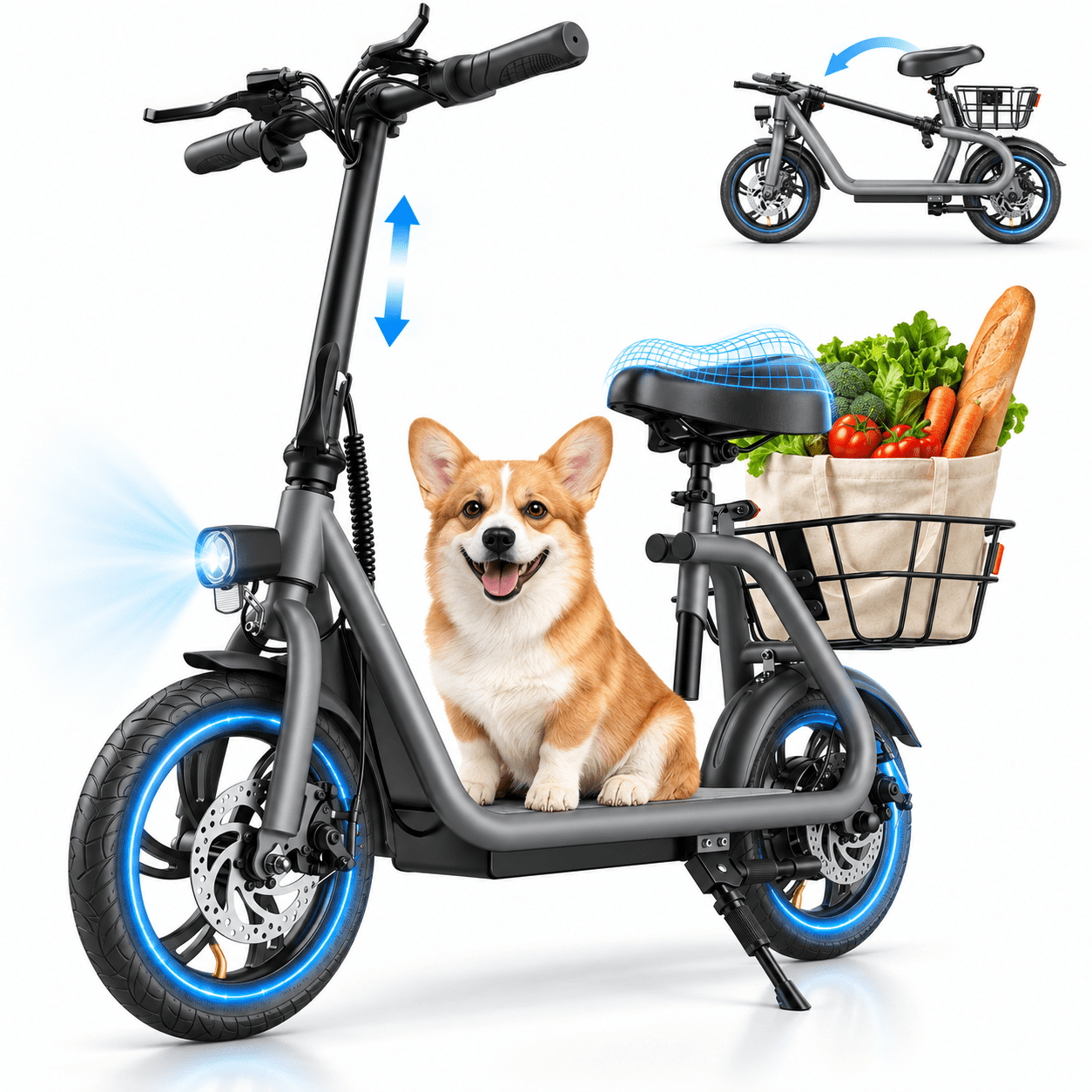 YareYi JS3 Foldable Electric Scooter for Adults with Seat, 650W Peak Adult Electric Scooter with Basket, 20 MPH, 20-Mile, UL 2272 Certified