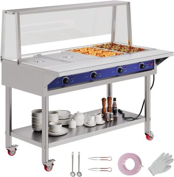 Jocisland 4-Pan 96QT Commercial Food Warmer, 1800W Stainless Steel Buffet Server with Independent Temp Controls, Acrylic Shield, Undershelf, 110V