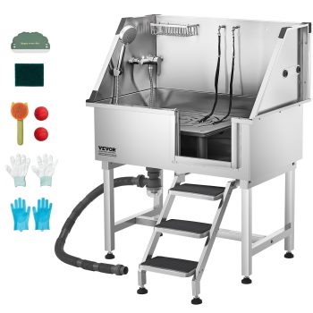 VEVOR Stainless Steel Dog Washing Station, 38 inch Pet Grooming Tub w/ Storage Stairs, Faucet & Showerhead & Soap Holder Dog Bathtub for Large & Medium & Small Pets (Right Door)