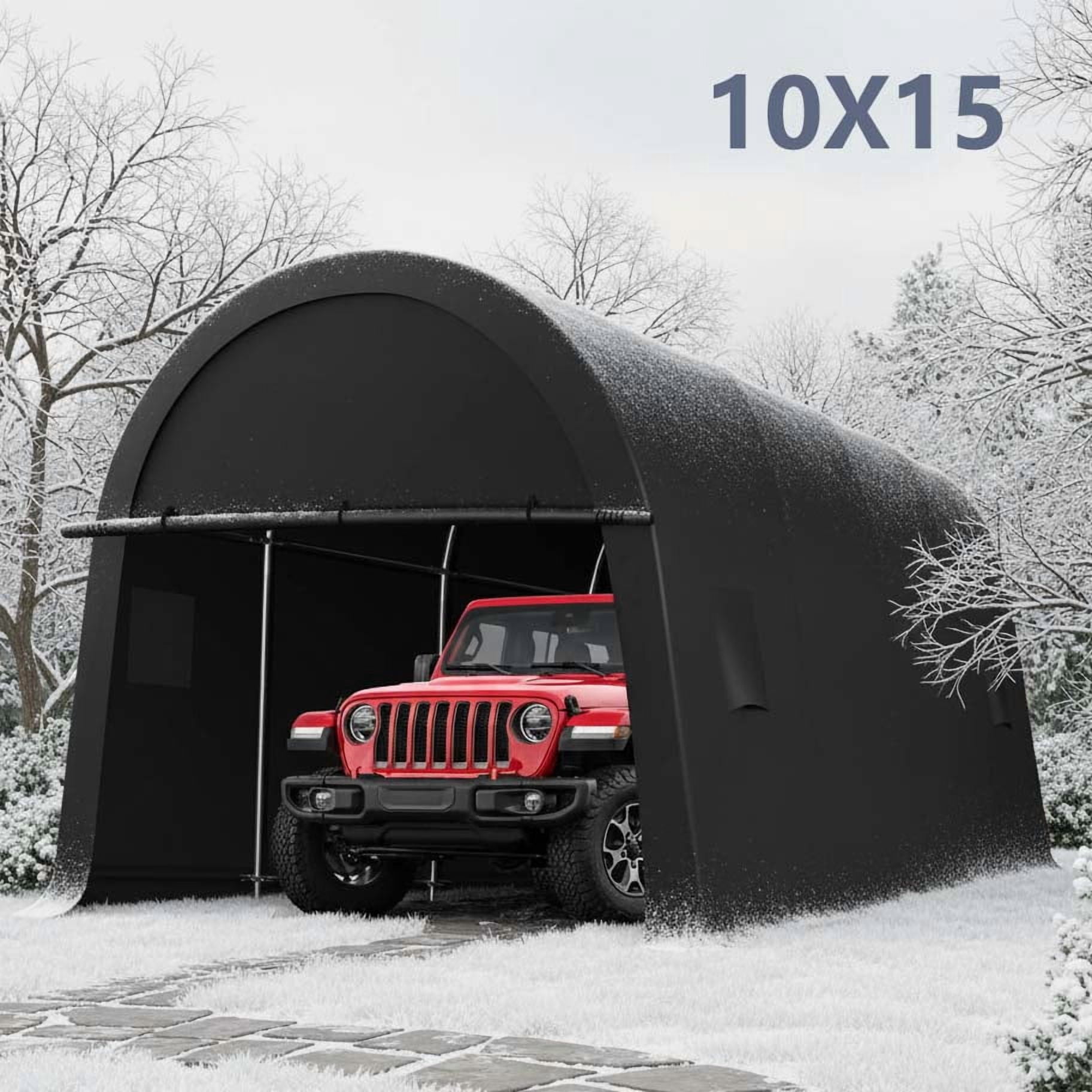 HOTEEL Carport 10x15ft Heavy Duty Portable Garage with All-Steel Metal Frame & Vents, All-Season Round Style Outdoor Storage Shed for Car, Truck, Boat, Patio Furniture Anti-Snow Waterproof